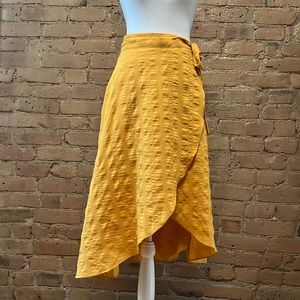 THML textured yellow midi faux wrap skirt